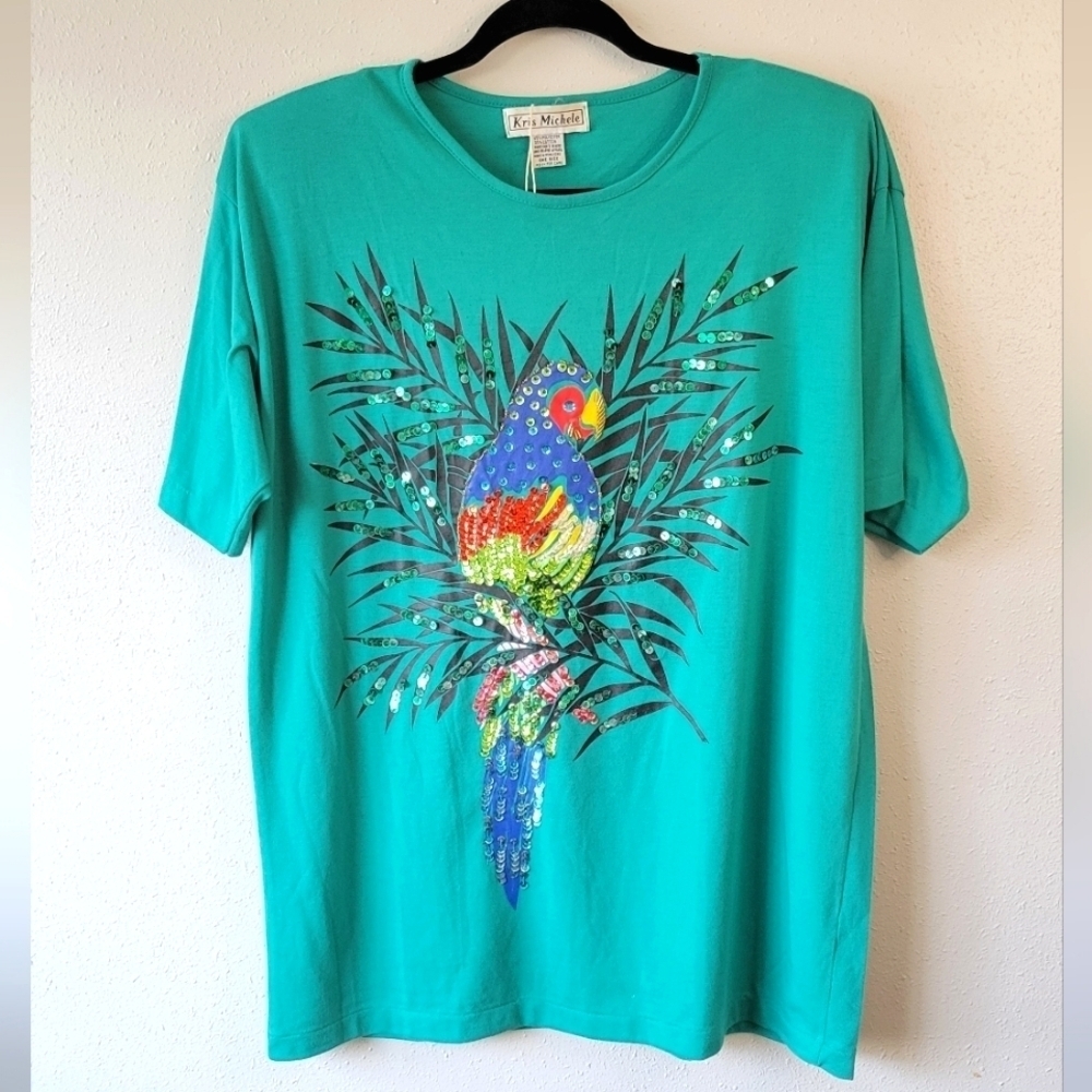 Vintage 90s Parrot Sequin Tropical Oversized Shirt Top Green Novelty Coastal XL
